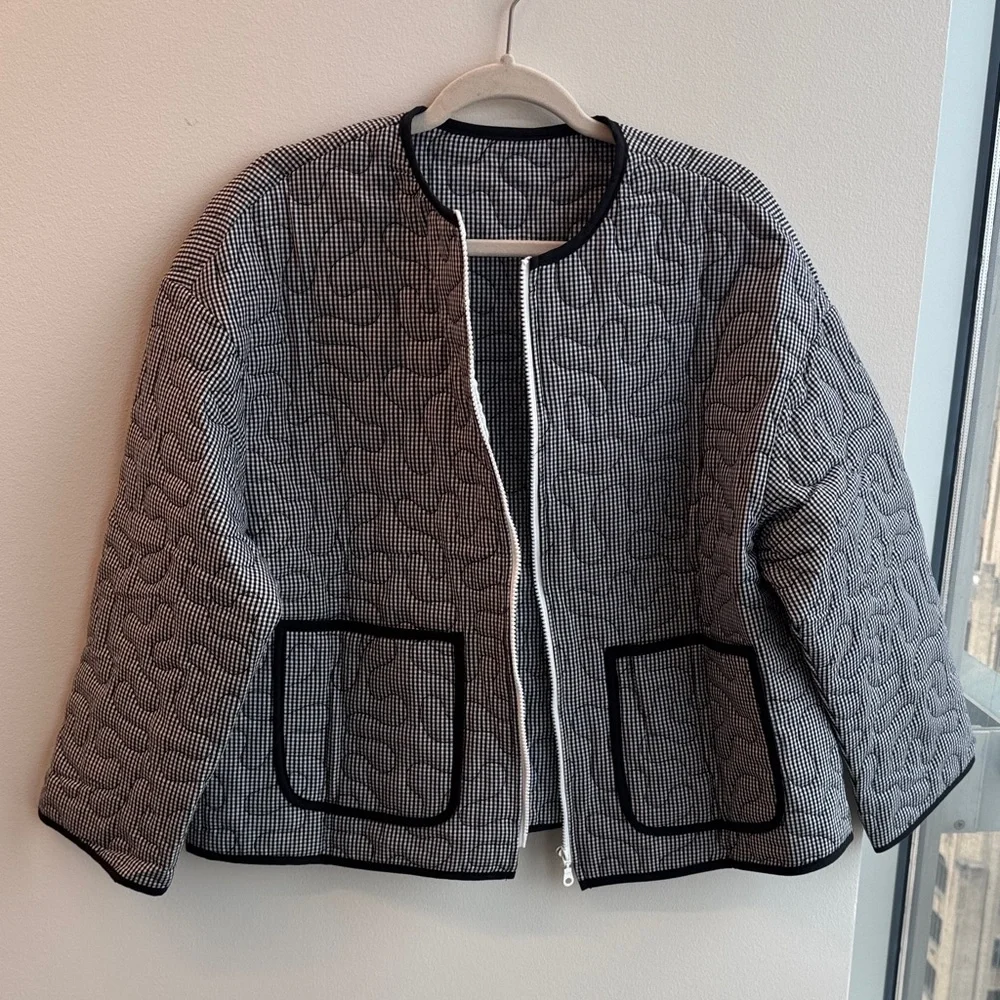 Quilted Gingham Black White Zip-Front Jacket Size L Abstract - Picture 6 of 7